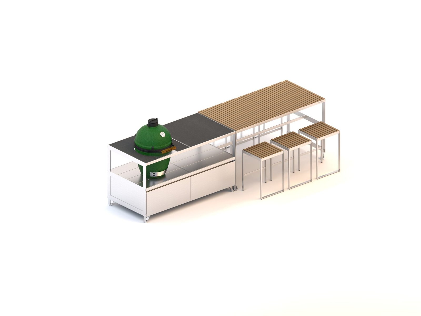 2 standartiniai moduliai.  Kamado ir baro su kėdėmis stalai. Bendras išmatavimas 3200mm