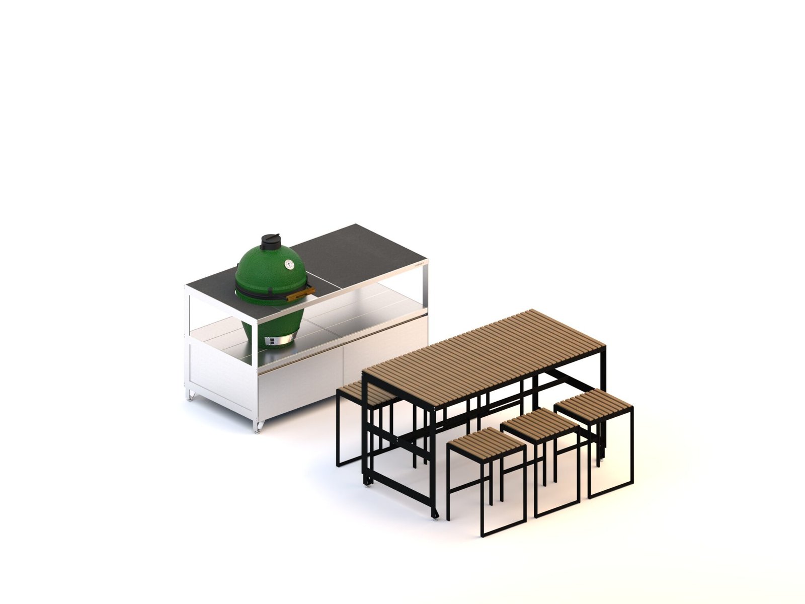 2 standartiniai moduliai.  Kamado ir baro su kėdėmis stalai. Bendras išmatavimas 1600x2800mm