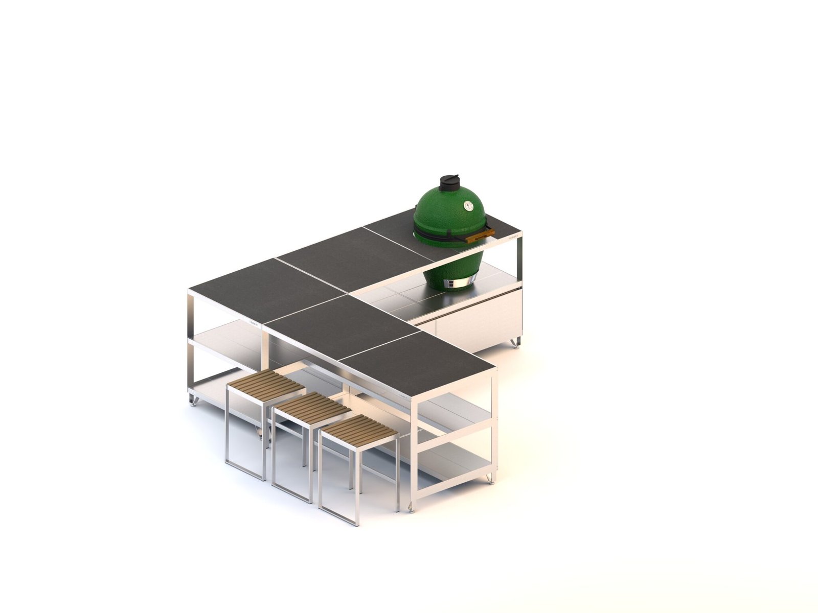 2 standartiniai moduliai ir 1 mažas modulis.  Kamado ir mažo baro su kėdėmis stalai. Bendras išmatavimas 2400x2400mm