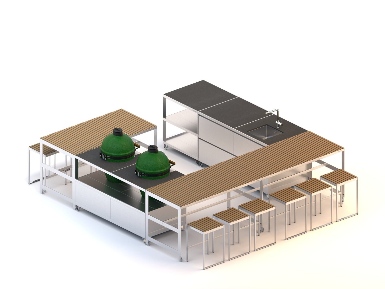 5 standartiniai moduliai ir 1 mažas modulis.  Kamado, stalčių ir kriauklės bei 2 baro su kėdėmis stalai. Bendras išmatavimas 3200x3200mm